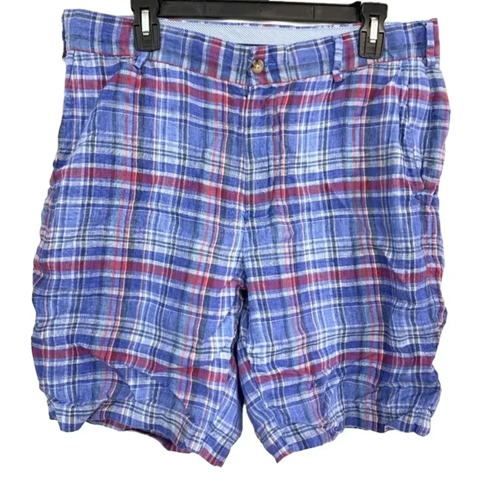 PETER MILLAR Blue Pink Linen Men's Flat Front Shorts Golf Casual Plaid sz 34